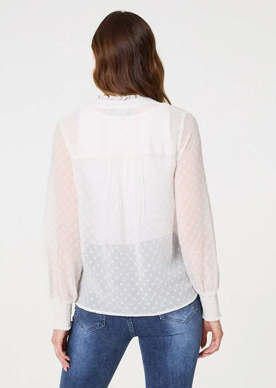 Tops>Izabel London Ivory Lace Trim High Neck Long Sleeve Blouse