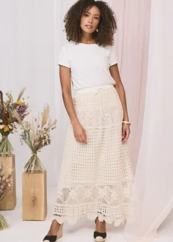 Skirts>Izabel London Ivory Mesh Crochet Texture Tie Waist Midi Skirt