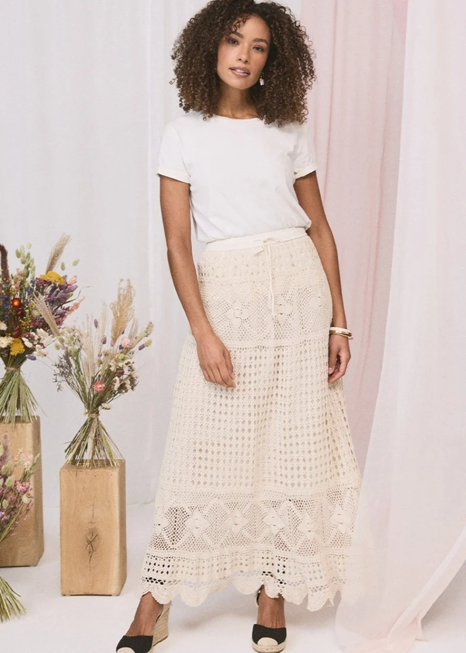 Skirts>Izabel London Ivory Mesh Crochet Texture Tie Waist Midi Skirt