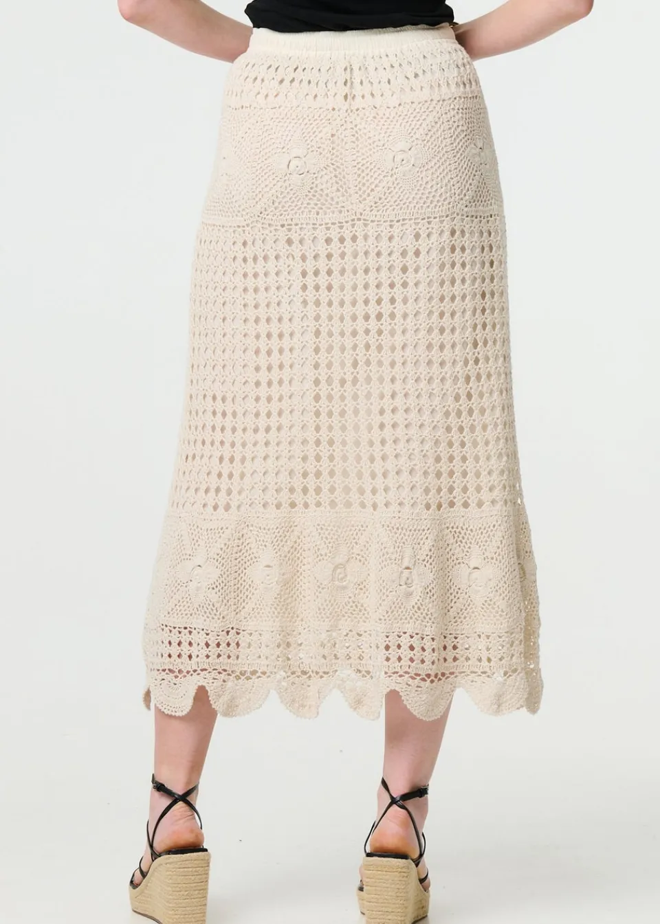 Skirts>Izabel London Ivory Mesh Crochet Texture Tie Waist Midi Skirt