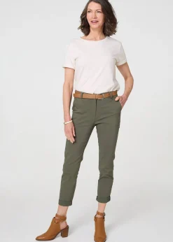 Trousers>Izabel London Khaki Belt Detail Slim Fit Cropped Trousers
