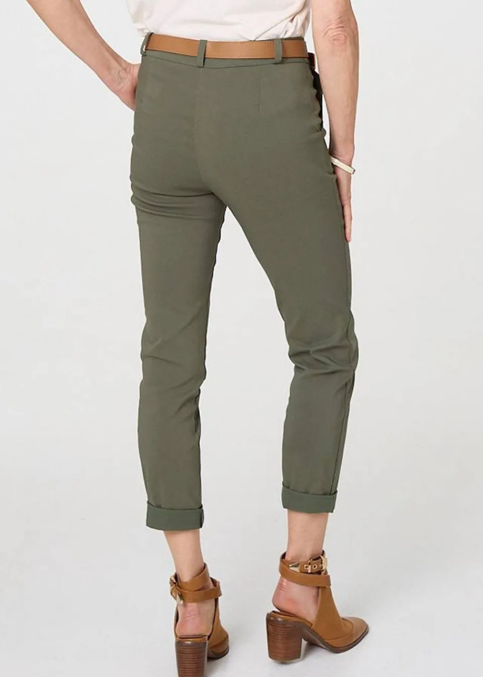 Trousers>Izabel London Khaki Belt Detail Slim Fit Cropped Trousers
