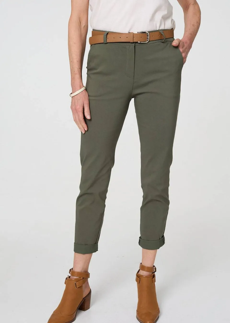 Trousers>Izabel London Khaki Belt Detail Slim Fit Cropped Trousers