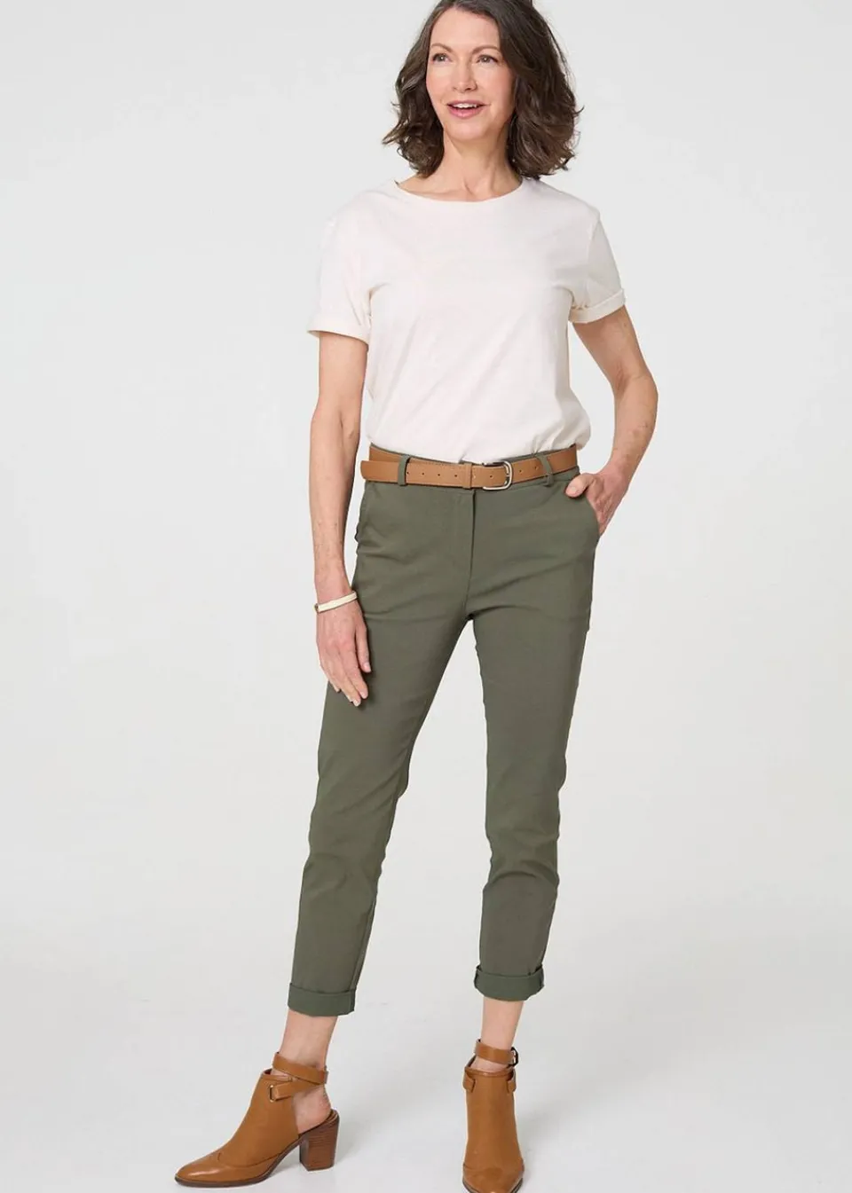 Trousers>Izabel London Khaki Belt Detail Slim Fit Cropped Trousers