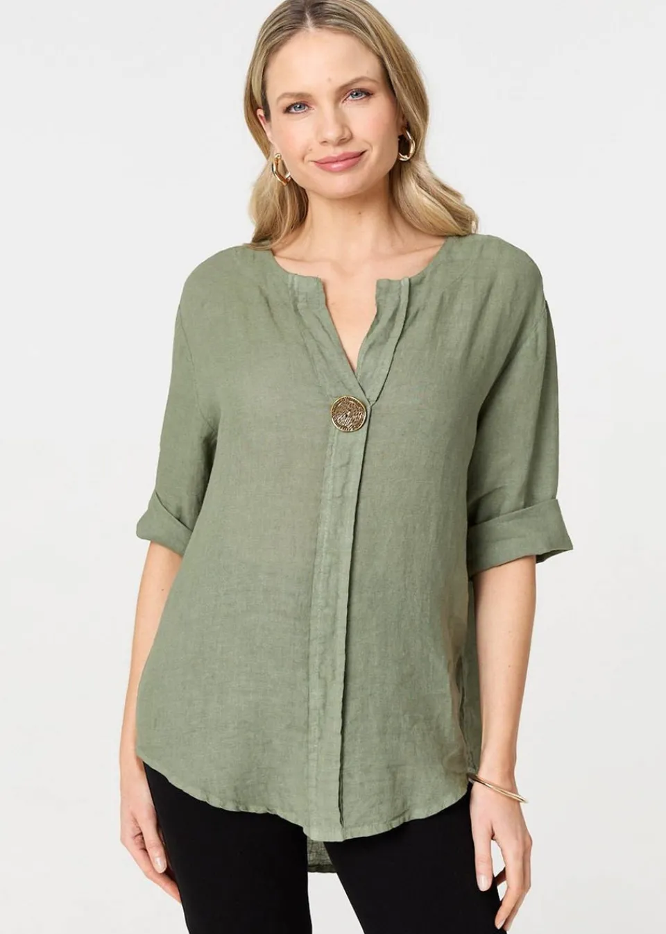 Tops>Izabel London Khaki Button Detail V-Neck Blouse