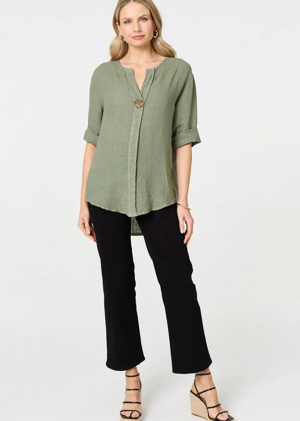 Tops>Izabel London Khaki Button Detail V-Neck Blouse