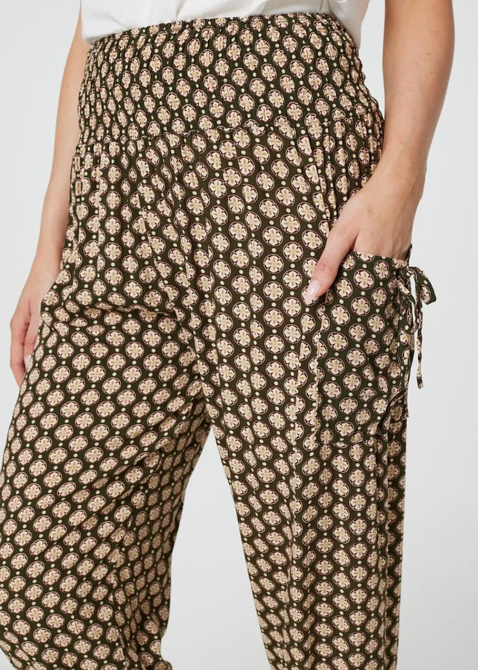 Trousers>Izabel London Khaki Mosaic Print High Waist Harem Trousers