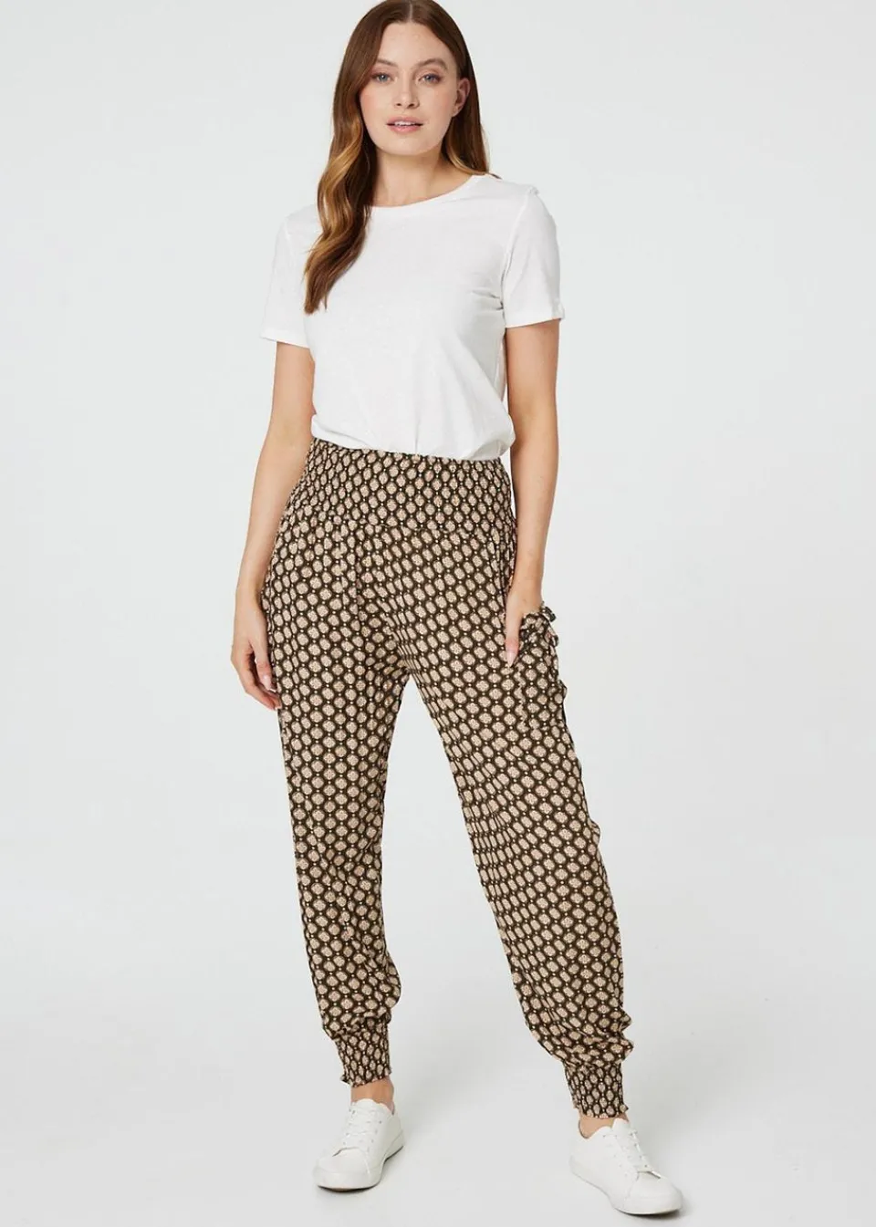 Trousers>Izabel London Khaki Mosaic Print High Waist Harem Trousers