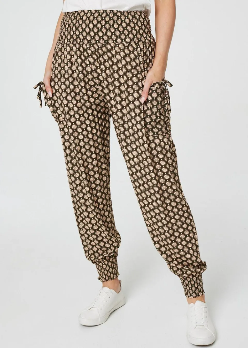 Trousers>Izabel London Khaki Mosaic Print High Waist Harem Trousers