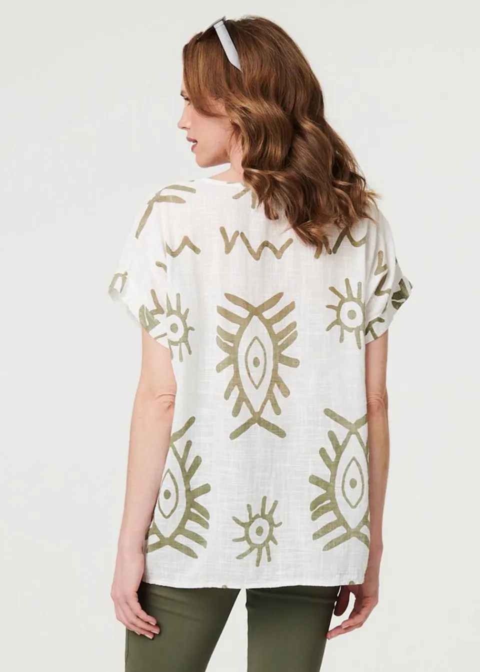 Tops>Izabel London Khaki Printed Short Sleeve Relaxed Blouse