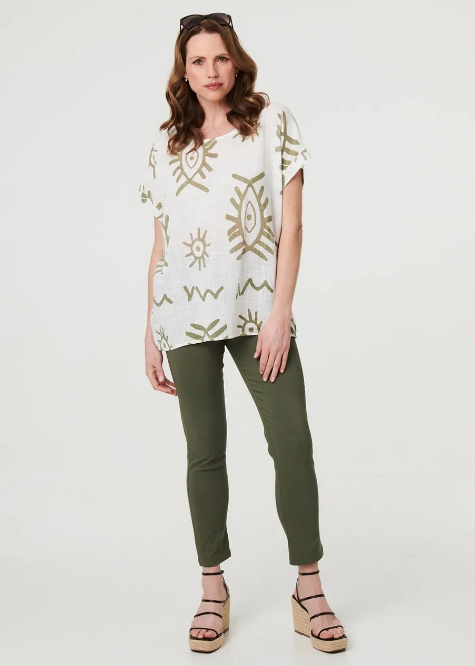 Tops>Izabel London Khaki Printed Short Sleeve Relaxed Blouse