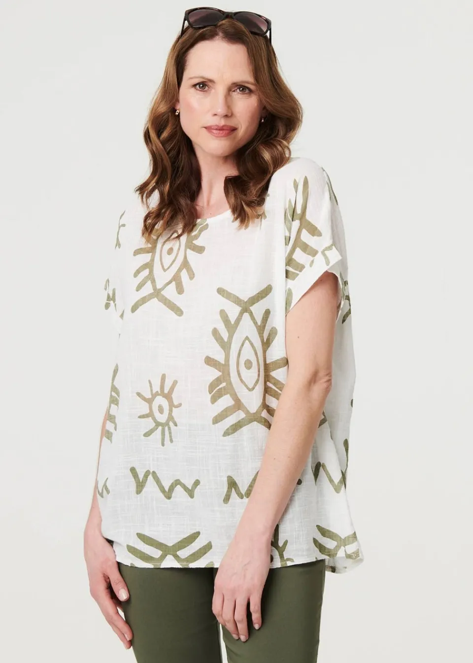 Tops>Izabel London Khaki Printed Short Sleeve Relaxed Blouse