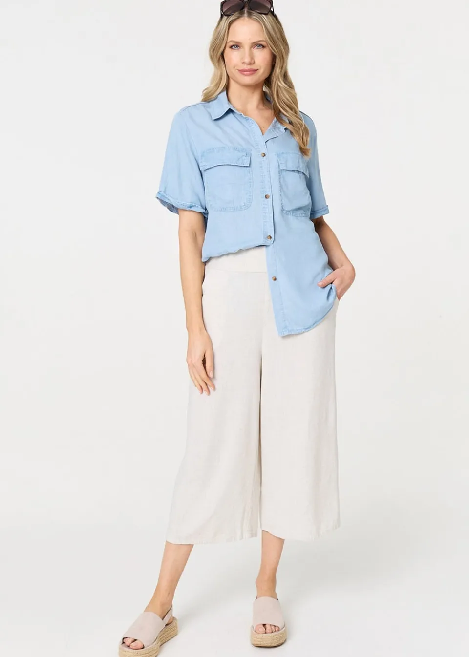 Tops>Izabel London Light Blue Short Sleeve Boxy Pocket Detail Shirt