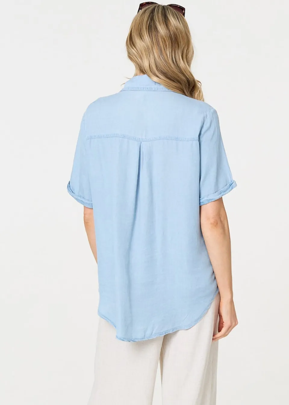 Tops>Izabel London Light Blue Short Sleeve Boxy Pocket Detail Shirt