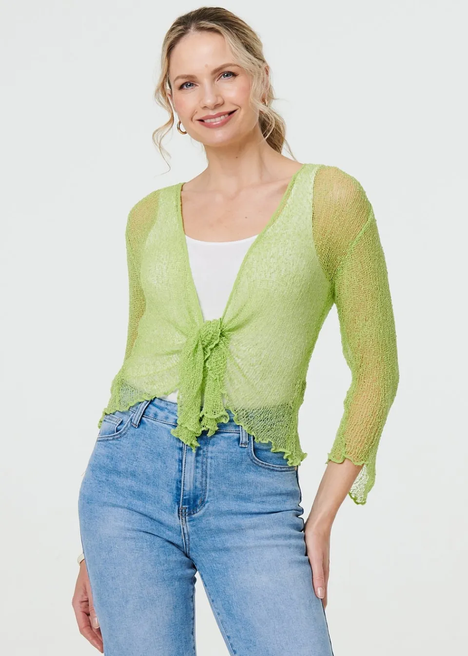 Tops>Izabel London Light Green Sheer 3/4 Sleeve Open Front Cardigan