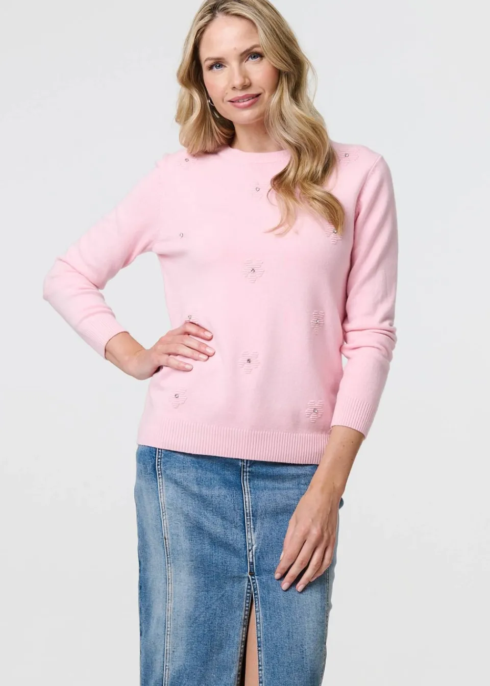 Tops>Izabel London Light Pink Floral Gemstone Embellished Jumper