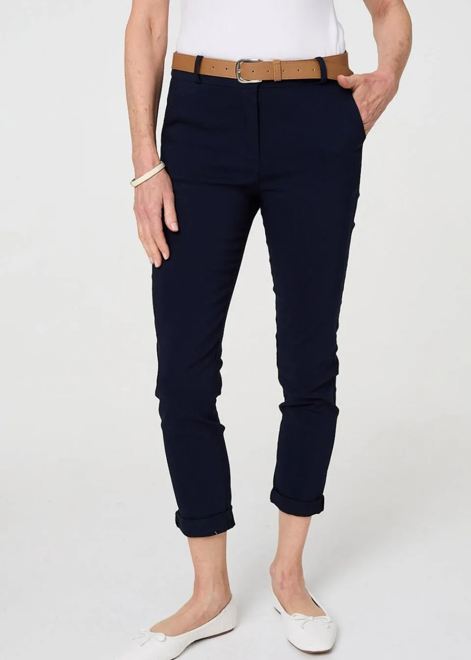 Trousers>Izabel London Navy Belt Detail Slim Fit Cropped Trousers