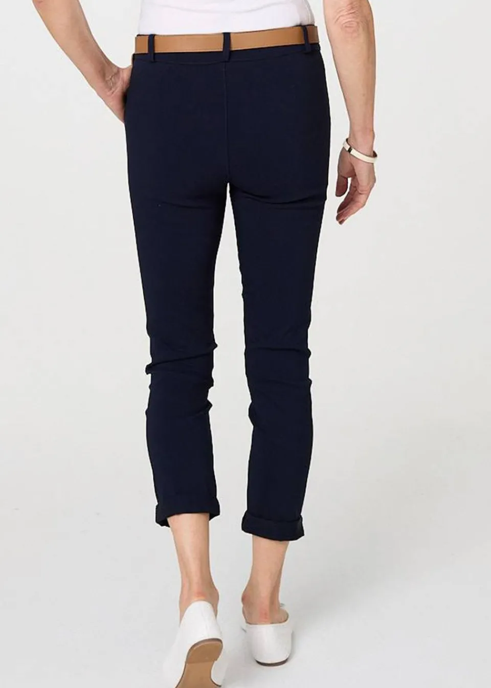 Trousers>Izabel London Navy Belt Detail Slim Fit Cropped Trousers