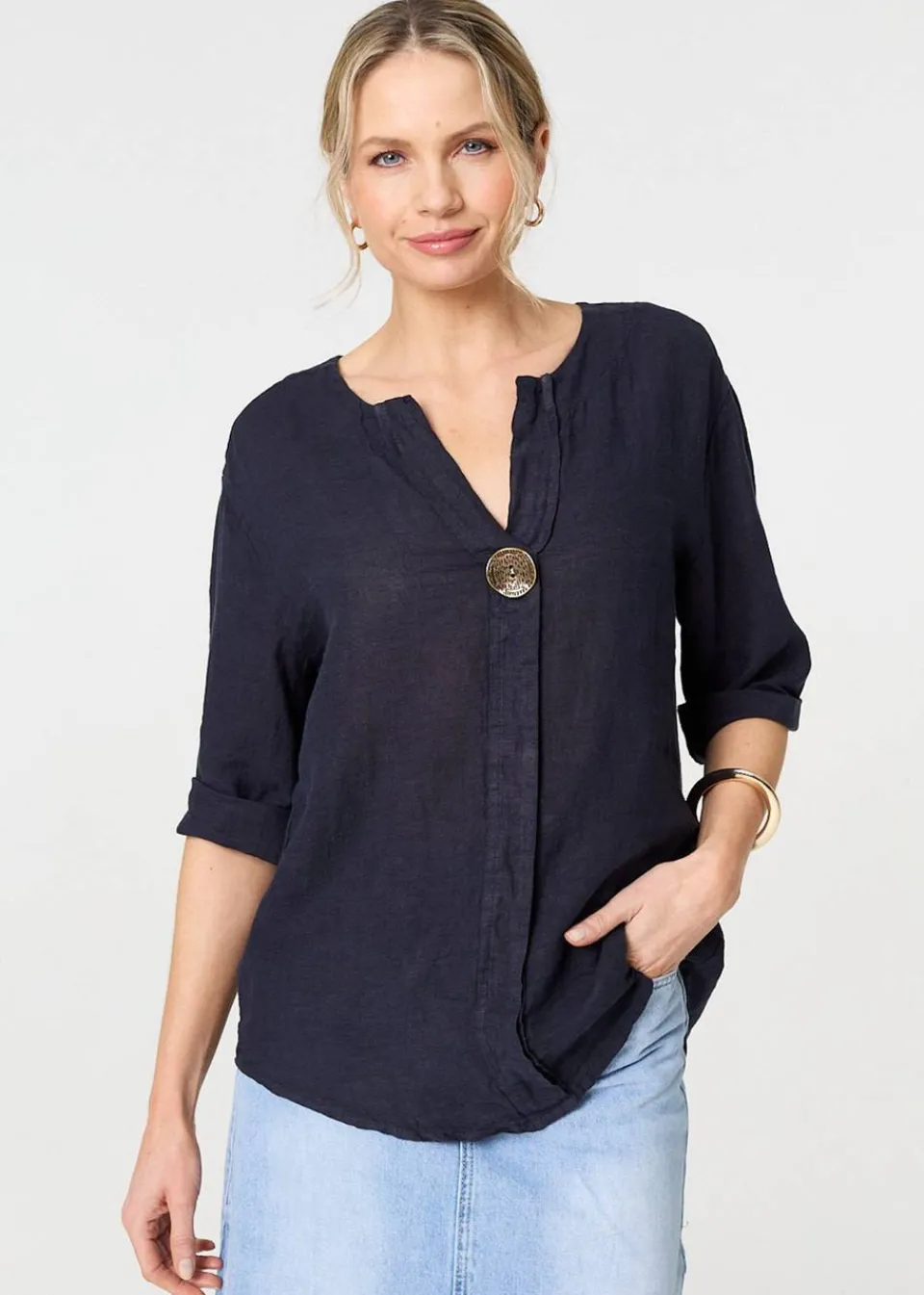 Tops>Izabel London Navy Button Detail V-Neck Blouse