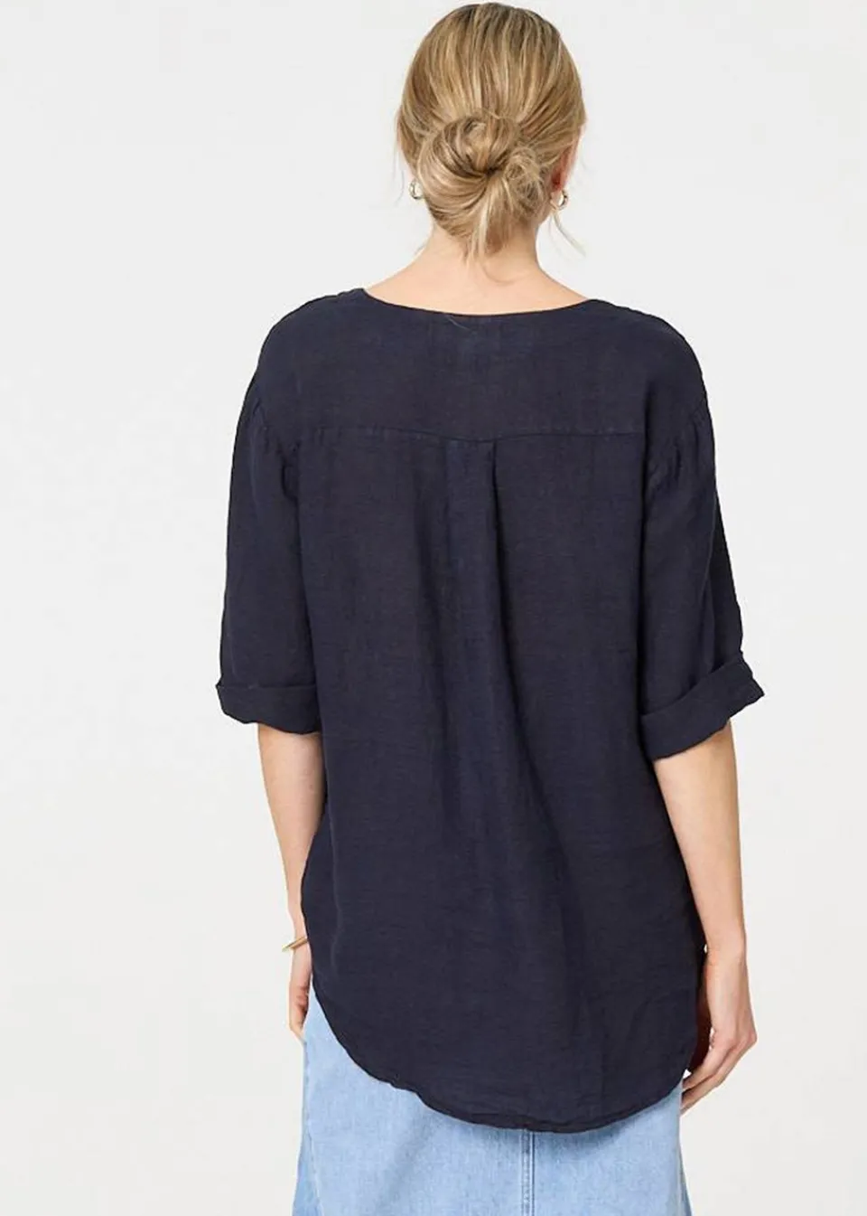 Tops>Izabel London Navy Button Detail V-Neck Blouse