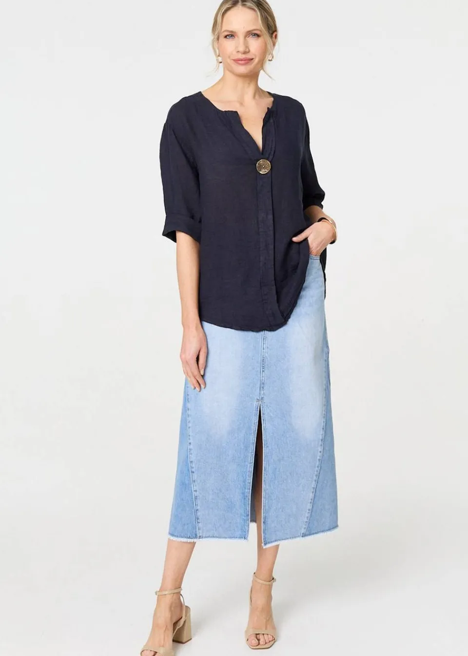 Tops>Izabel London Navy Button Detail V-Neck Blouse