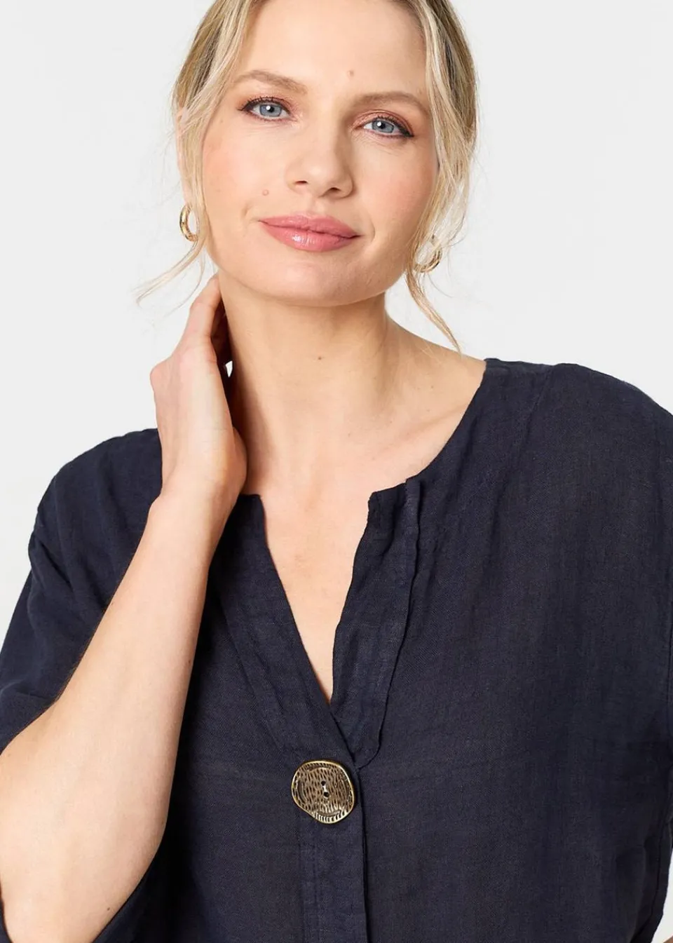 Tops>Izabel London Navy Button Detail V-Neck Blouse