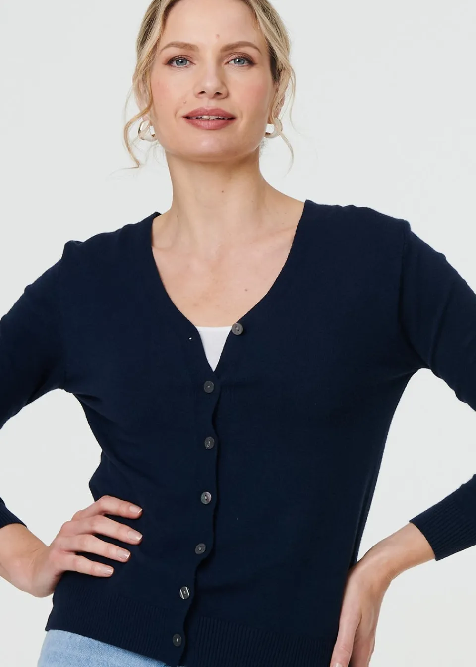 Tops>Izabel London Navy Cropped Button Up Slim Knit Cardigan