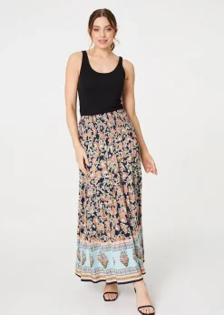 Skirts>Izabel London Navy Floral Print High Waist Maxi Skirt