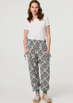 Trousers>Izabel London Navy Ikat Print High Waist Tapered Harem Pants