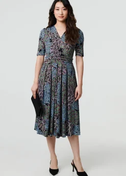 Dresses>Izabel London Navy Leaf Print Faux Wrap Midi Dress