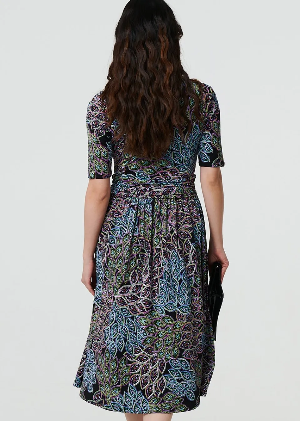 Dresses>Izabel London Navy Leaf Print Faux Wrap Midi Dress