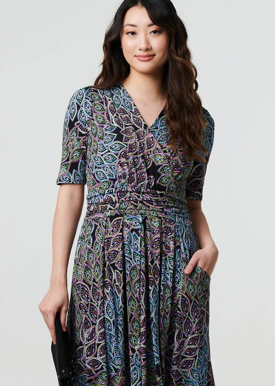 Dresses>Izabel London Navy Leaf Print Faux Wrap Midi Dress