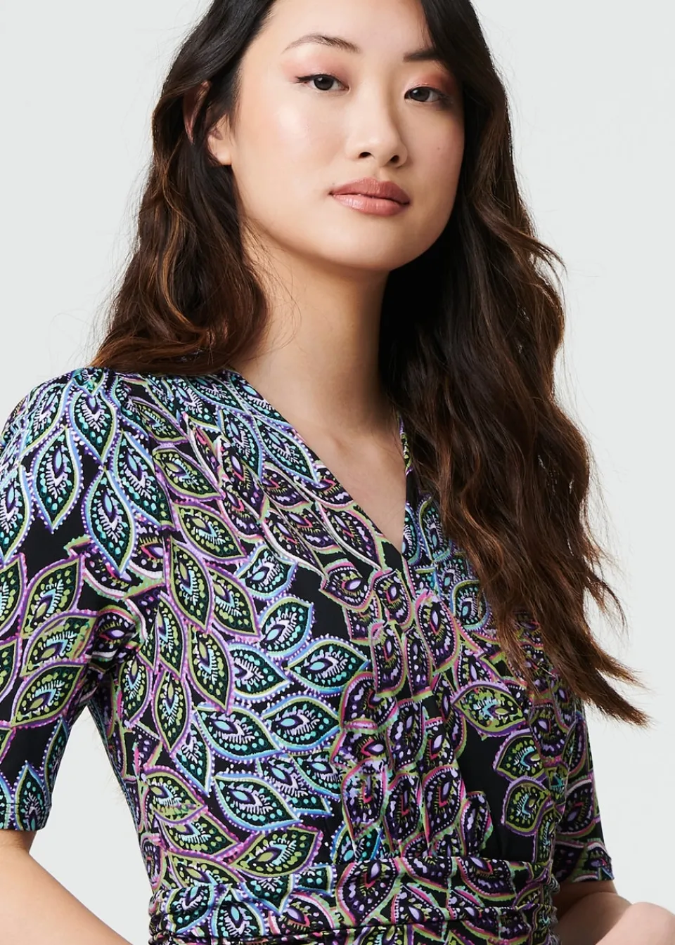 Dresses>Izabel London Navy Leaf Print Faux Wrap Midi Dress