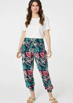 Trousers>Izabel London Navy Leaf Print Harem Pants with Pockets