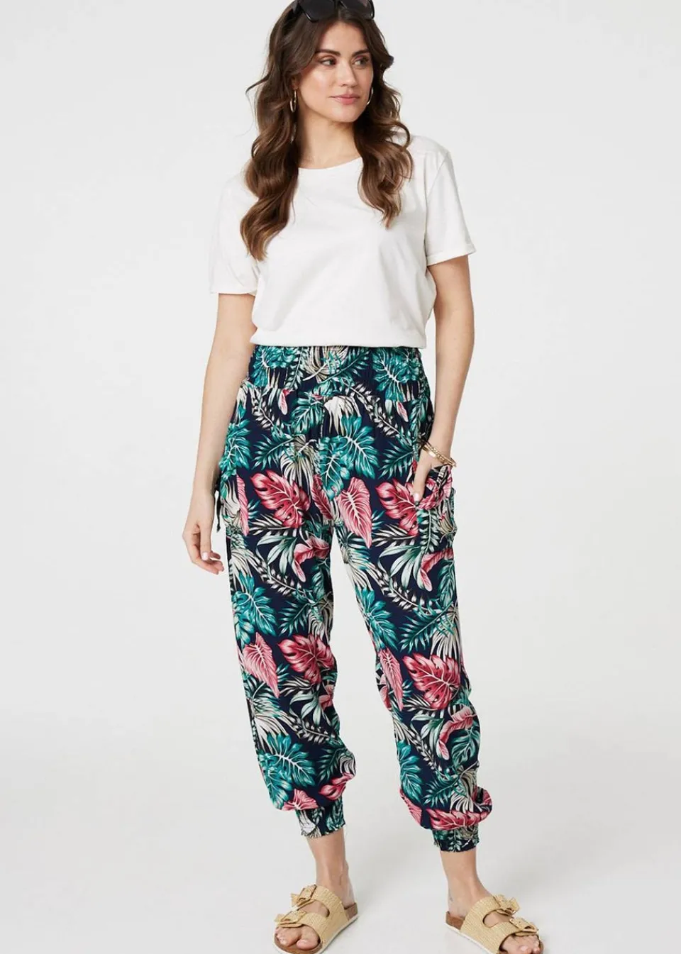 Trousers>Izabel London Navy Leaf Print Harem Pants with Pockets
