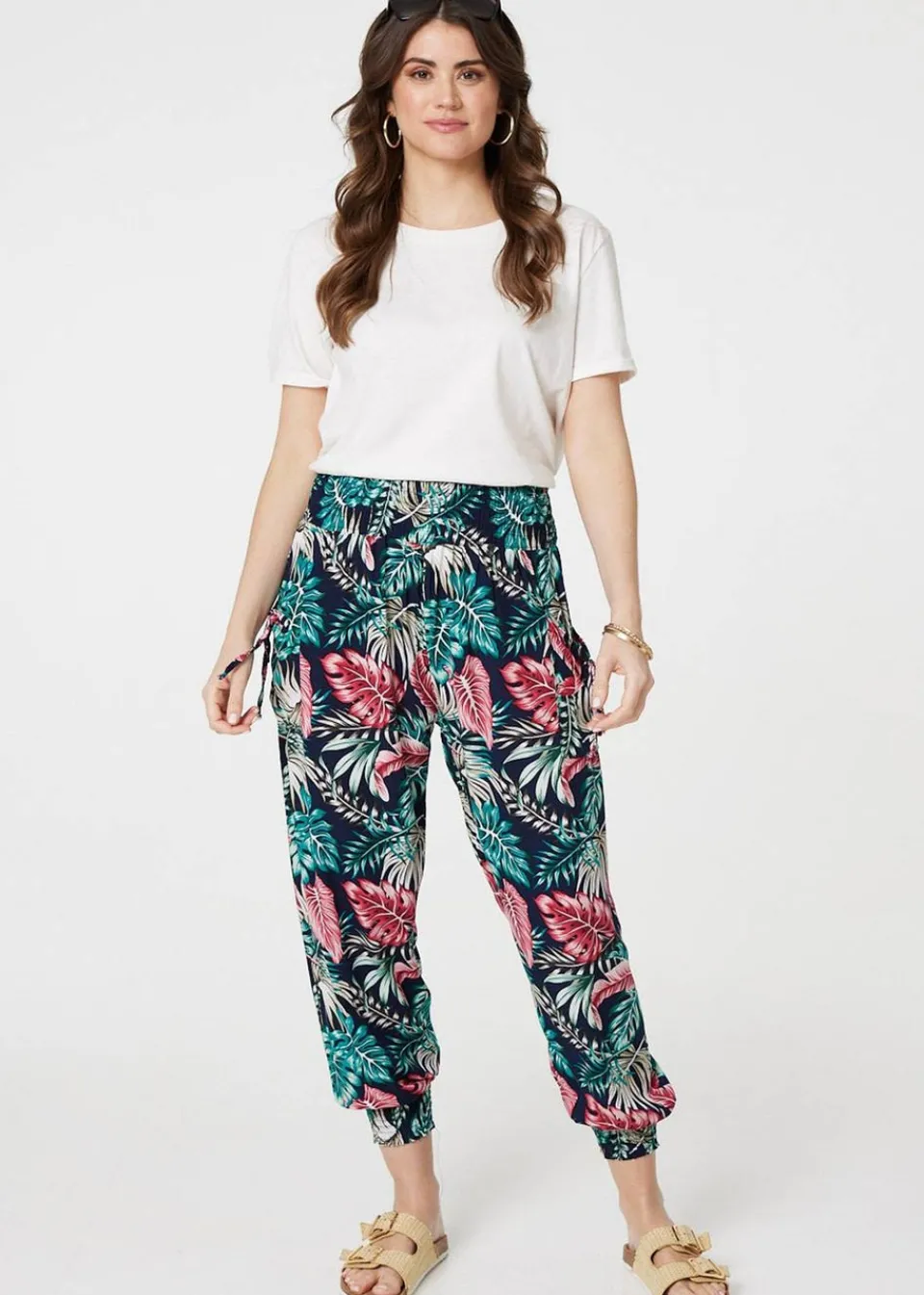 Trousers>Izabel London Navy Leaf Print Harem Pants with Pockets
