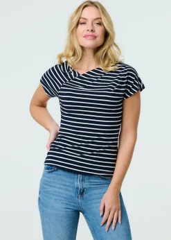T-Shirts>Izabel London Navy Striped Asymmetric Short Sleeve Top
