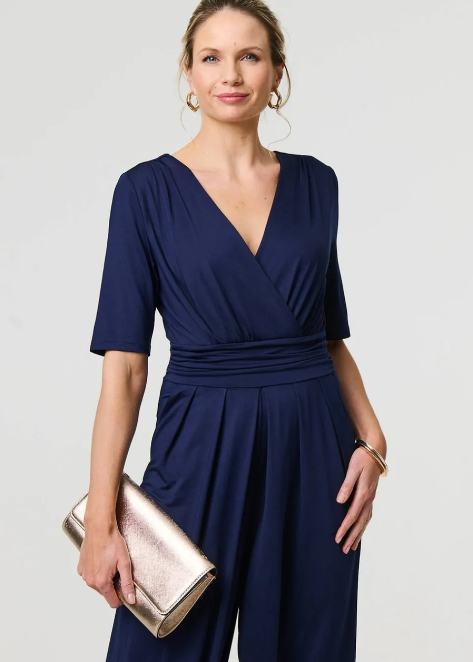 Jumpsuits & Playsuits>Izabel London Navy Wrap Waist Wide Leg Jumpsuit
