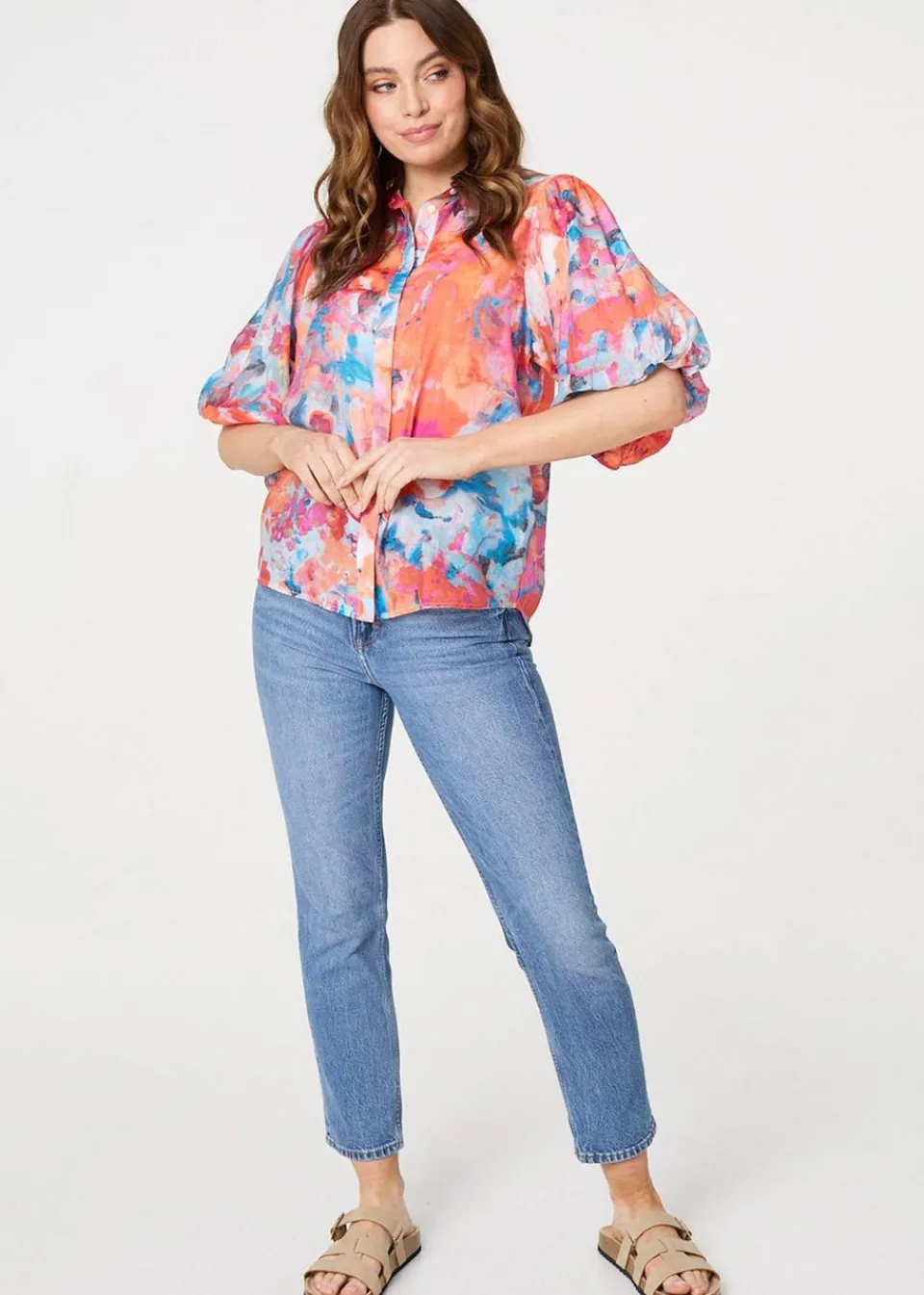 Tops>Izabel London Orange Abstract Print 1/2 Sleeve Shirt