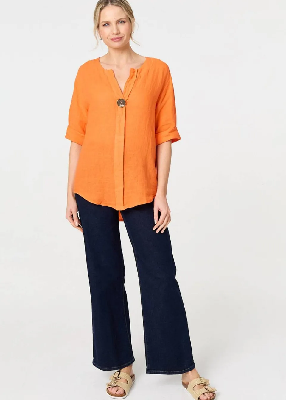 Tops>Izabel London Orange Button Detail V-Neck Blouse