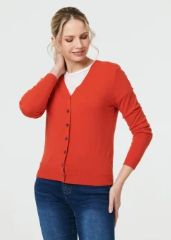 Tops>Izabel London Orange Cropped Button Up Slim Knit Cardigan
