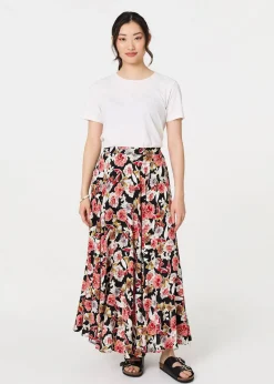 Skirts>Izabel London Orange Floral High Waist A Line Maxi Skirt