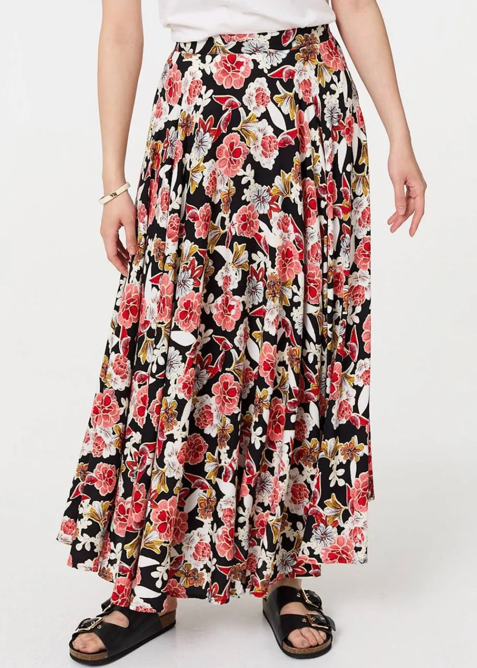 Skirts>Izabel London Orange Floral High Waist A Line Maxi Skirt