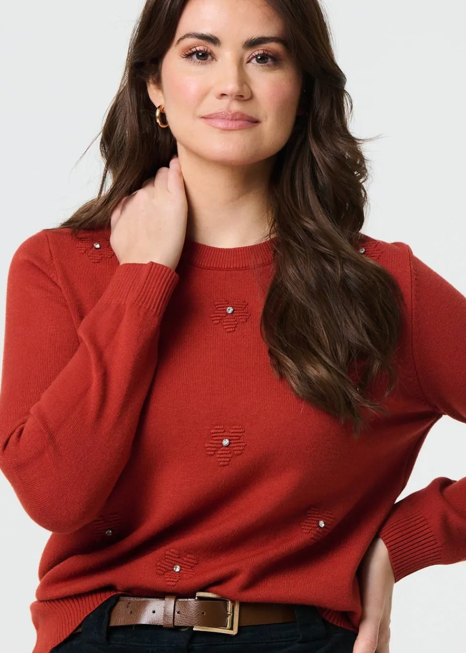 Tops>Izabel London Orange Floral Gemstone Embellished Jumper