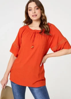 Tops>Izabel London Orange Lace Trim Bardot Tie Neck 1/2 Sleeve Blouse