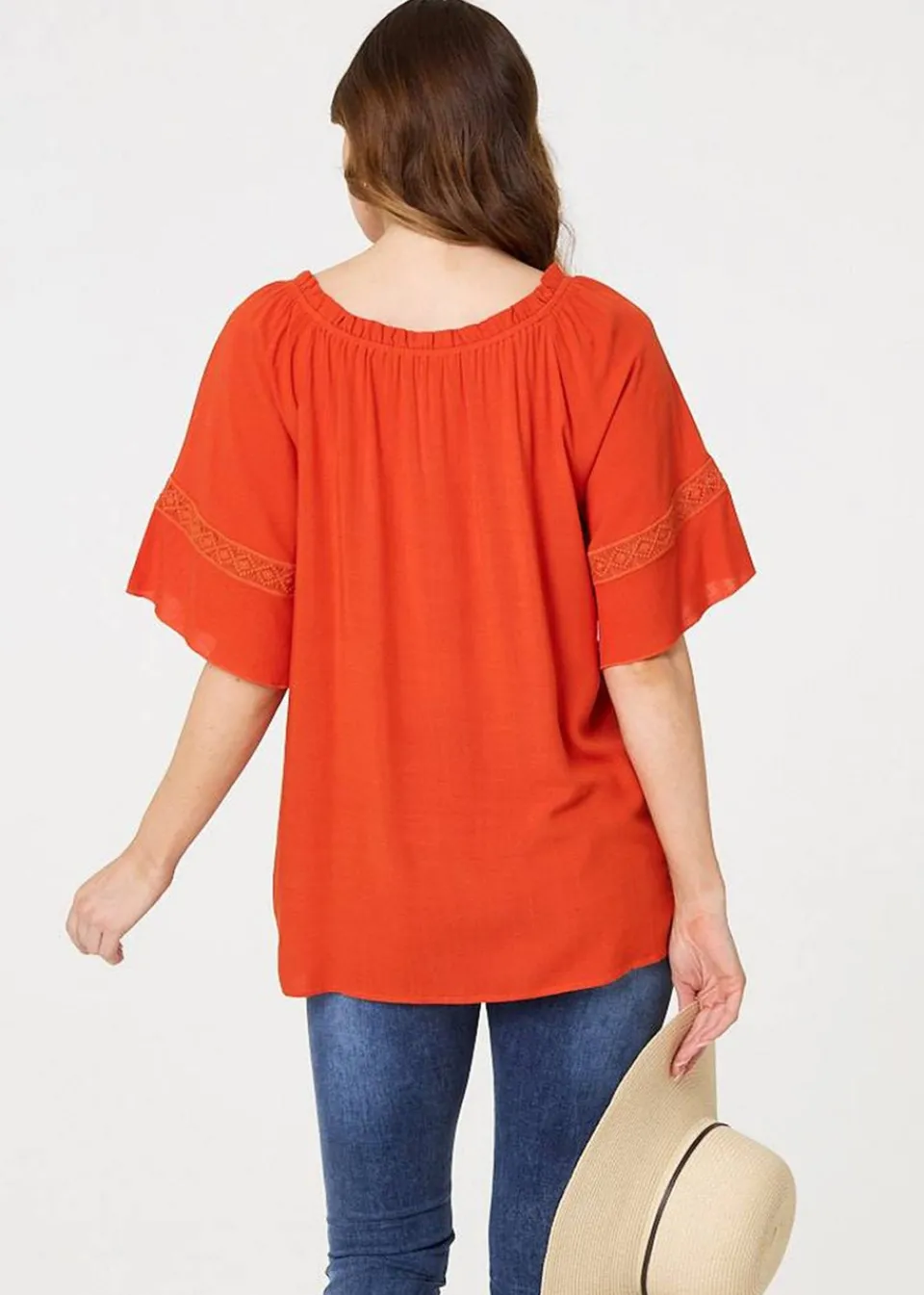 Tops>Izabel London Orange Lace Trim Bardot Tie Neck 1/2 Sleeve Blouse