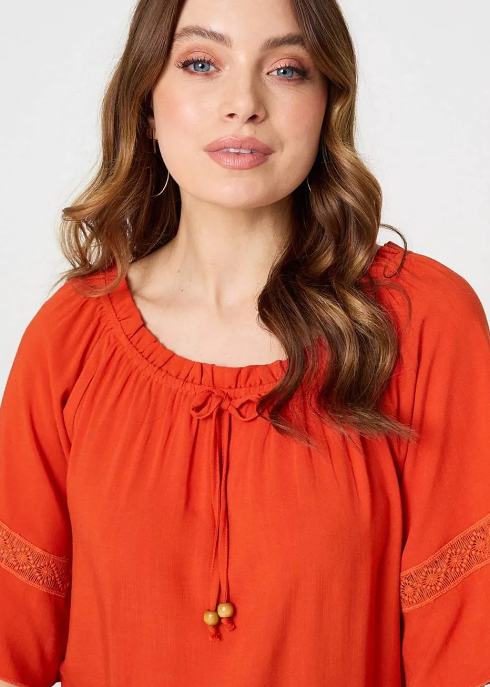 Tops>Izabel London Orange Lace Trim Bardot Tie Neck 1/2 Sleeve Blouse