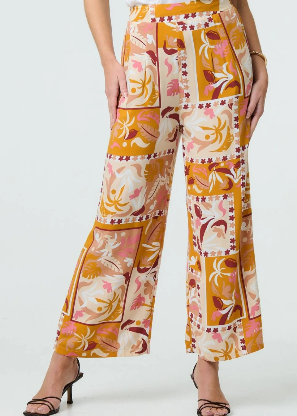 Trousers>Izabel London Orange Patchwork Print High Waist Wide Leg Trousers
