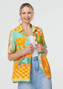 Tops>Izabel London Orange Patchwork Print Short Sleeve Boxy Shirt