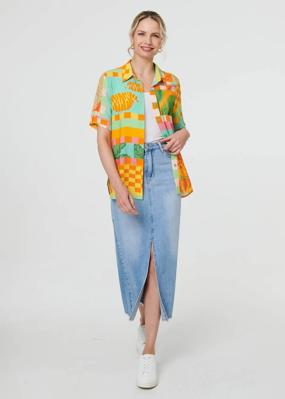 Tops>Izabel London Orange Patchwork Print Short Sleeve Boxy Shirt